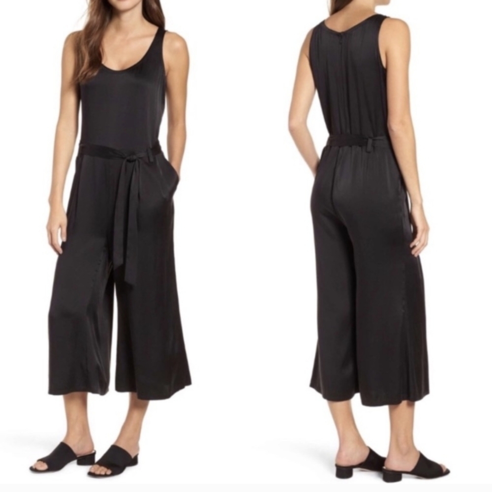 Eileen Fisher Black Stretch Silk Wide Leg Cropped Jumpsuit XXS